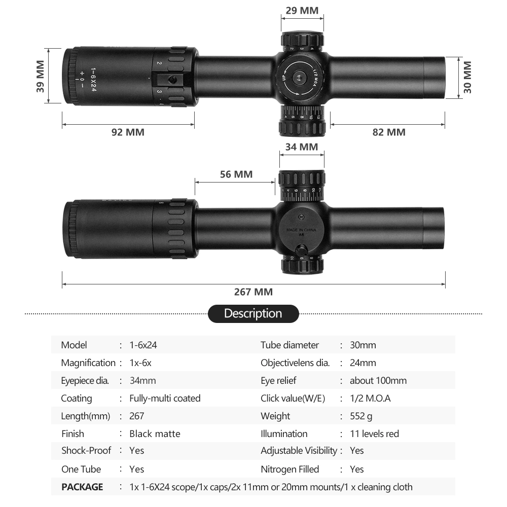 Spina Optics Tactical Riflescope 1-6X24 IR Telescope Hunting Scopes Compact Glass Etched Reticle Tactical Optical Sight