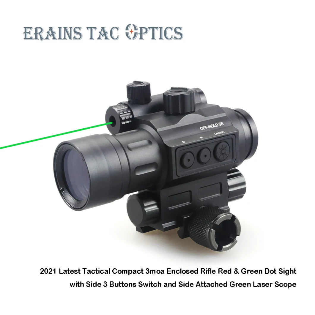 2021 Latest Tactical Compact 3moa Enclosed Weapon Red &amp; Green DOT Sight with Side 3 Buttons Switch and Side Attached Green Aimg Laser Sight