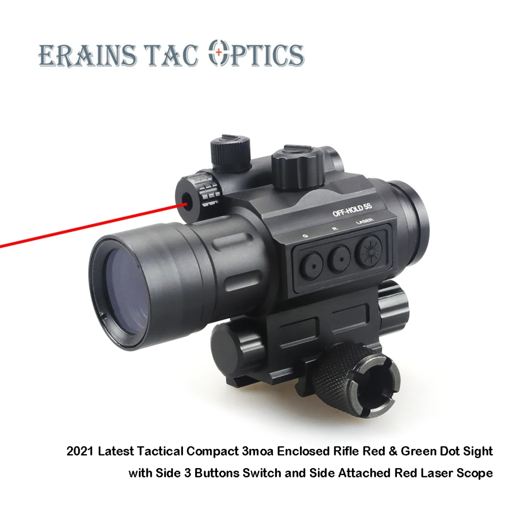 2021 Latest Tactical Hunting Compact 3moa Enclosed Weapon Red &amp; Green DOT Sight with Side 3 Buttons Switch with Side Attached Red Laser Aimer Scope