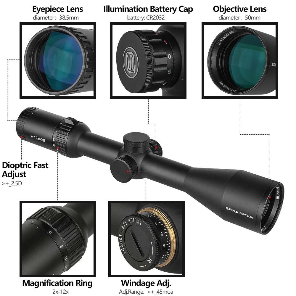 Spina Opticse Tactical 2-12X50 Wa IR Wide Angle Clear View Scope with Center DOT Illuminated Hunting Riflescope Fit Low Light