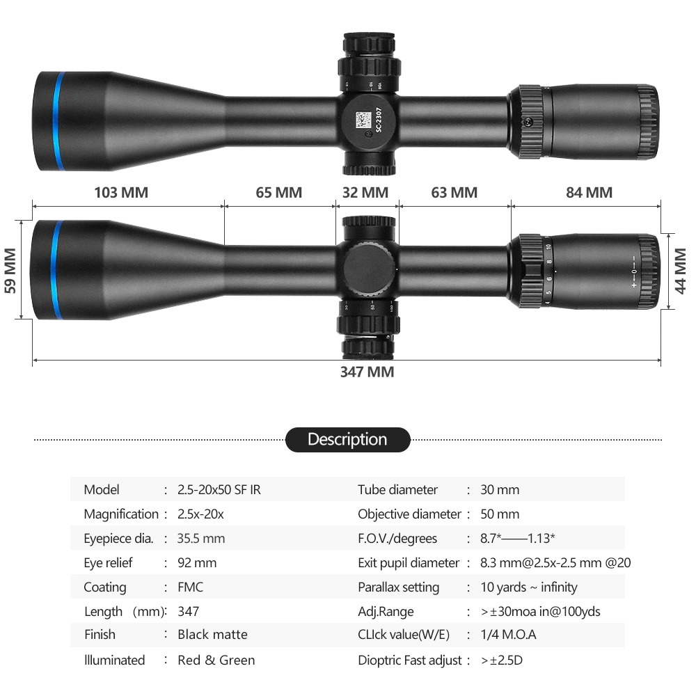 Spina Optics Tactical Riflescope 2.5-20X50 Compact Hunting Scope Optical Scope Fit for Outdoor Hunting